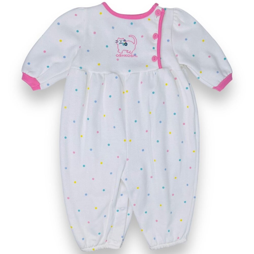 Vintage Oshkosh Baby Girls Pastel Kitty Cat Long Sleeve Bubble Romper Outfit 18m